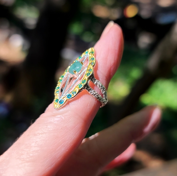 Emerald & Aquamarine Sterling & gold ring sz5 - Picture 4 of 7